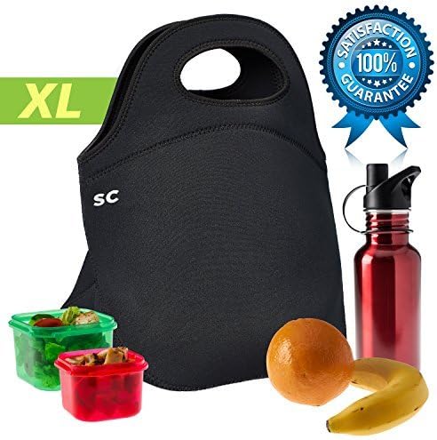 Insulated Neoprene Lunch Bag for Men, Women &amp; Kids | Extra Large {13.5"x13"x8"} to Fit Most Food Containers &amp; Bottles, Extra Thick {5mm}, Waterproof | Unisex Design [Black] by Sweet Concepts