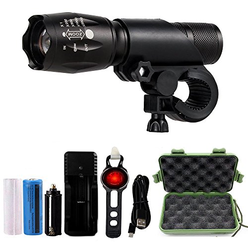 Jasonwell Hellsten wiederaufladbaren Zoomable einstellbarer Fokus 1200 Lumen Cree LED T6 Fahrradbeleuchtung Frontlicht Aluminium IPX6 wasserdicht Mountainbike leichte Handheld Taschenlampe mit Rücklicht, 18650 Lithium-Ionen-Akku und Ladegerät