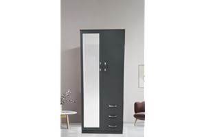 PALAKLOT 2 Door 3 Drawer Full-length Mirror Wardrobe | Modular Cabinet for Space Saving | Ideal Storage Organizer (Grey)