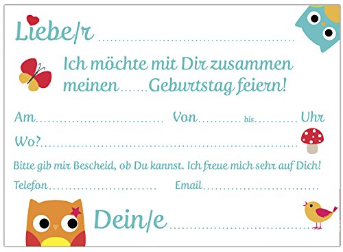 16 Einladungskarten zum Kindergeburtstag – Motiv Eulen – für Kinder, Jungen, Mädchen, Party Feier Geburtstagseinladungen im Set - 2