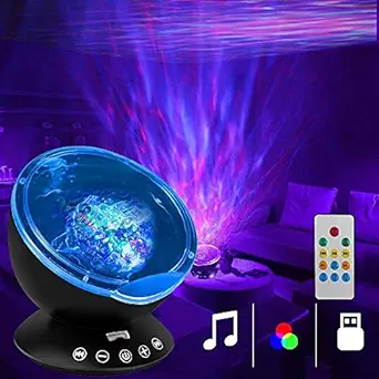 TOAVI Mermaid Decor Remote Control Night Light Ocean Wave Projector 7 Colorful Ceiling Mood Lamp with Bulit-in Speaker Music Player for Baby Adults Bedroom Living Room (Black)