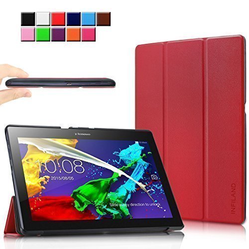 Infiland Lenovo Tab 2 A10-70 / Tab 2 A10-70L / Tab 2 A10-70F / Tab 2 A10-30F / Tab 2 A10-30L / Tab 3 10 Business/ Tab3 10 Plus Hülle Case, Ultra Dünn Tri-Fold Smart-Muschel PU Leder Schutzhülle für Lenovo Tab 2 A10-70 / Tab 2 A10-30 / Tab 3 10 Business/ Tab3 10 Plus 10,1 Zoll Tablet (mit Auto Schlaf / Wach Funktion)(Rot)