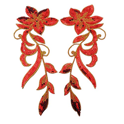 (Pack of 2)Dancing Orchid Flowers Embroidered Iron on Patches Sequin Appliques for Neckline Clothing Garment Embellishment(Red)
