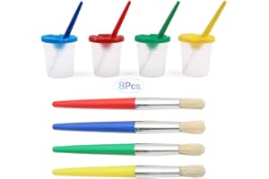 KANOSON Kids Painting Set, 4 Piece Coloured Paint Brushes with 4 Spill Proof Paint Pots Art Sets for Children, Watercolor Oil Gouache Acrylic Painting Brush and Paint Pots for Toddler