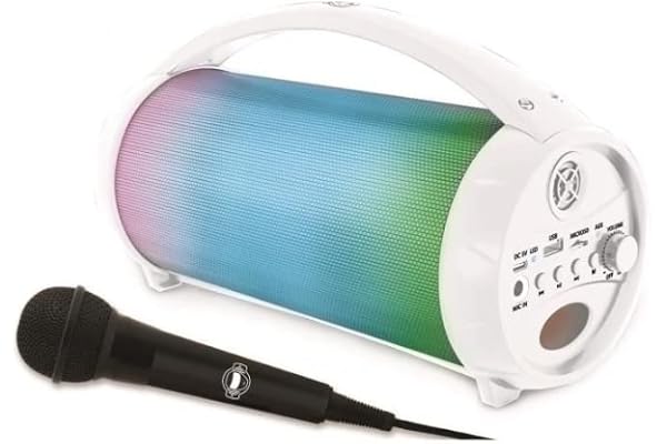 Lexibook, iParty, Enceinte Portable Bluetooth Lumineuse avec Micro, Stéréo, Effets Lumineux, sans-Fil, karaoké, USB, Carte SD, Batterie Rechargeable, Blanc, BTP585Z