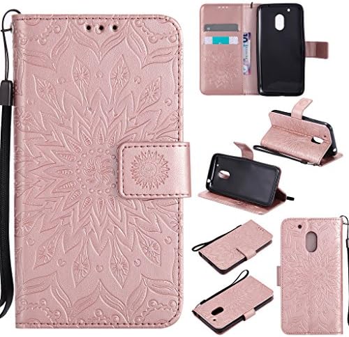 Moto G Play Case Cover,SMYTU Premium Emboss Sunflower Flip Wallet Shell PU Leather Magnetic Cover Skin with A"Anti-dust Plug" for Motorola Moto G4 Play 2016(Goldrose)