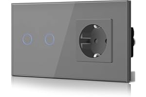BSEED 2 Gang 1 Vía Interruptor de Luz con Enchufe, Schuko Enchufe Estándar con Interruptor Táctil de Cristal, Interruptor de Pared con 16A Enchufe de Pared, 157mm Gris