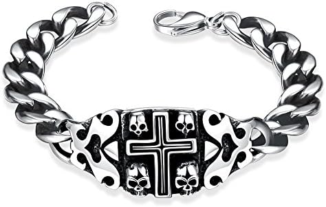 Ilove EU Men's Stainless Steel Bracelet Wrist Link Silver 4Â Skull Crucifix Cross Curb Chain Necklace