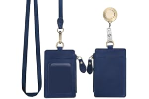 Wonderpool Skórzany uchwyt na identyfikator z portfelem na zamek błyskawiczny, etui z przegródkami na karty odpinana smycz na szyję i chowany kołowrotek,Niebieski