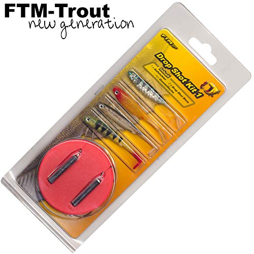 FTM Drop Shot Kit - 4 Gummifische + 2 Bleie zum Dropshotangeln, Köderset zum Barschangeln, Barschköder, Gummiköder zum Spinnangeln