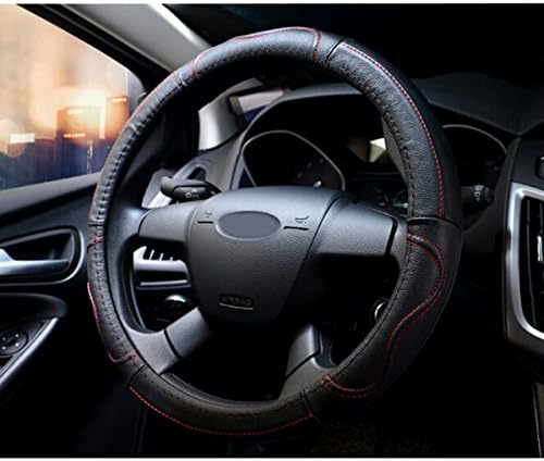 Leather Steering Wheel Cover,Xingzhao Genuine Leather Beige Steering Wheel Cover Universal Fit 38cm/15inch(Black+Red)