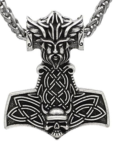 Unique Face Skull Head Viking Pendant Antique Silver Metal Chain Odin Wolf Thor`s Hammer Knot Necklace Raven Mjolnir Pendant Necklace Ladies Men Norse Celtic Nordic Rune Talisman Saxon Knot