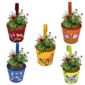 CINAGRO - Set of 5 - Designer Hand Painted Railing Metal Planter, Plant Holder, Balcony, Home Garden - (Maroon, Orange, Blue, Yellow, Lemon)