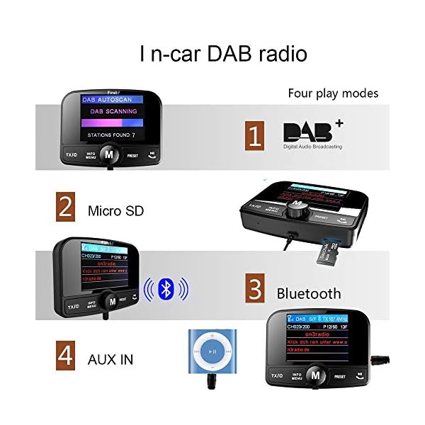 FirstE DAB/DAB+ Autoradio Adapter, 2,4" Farb Autoradio 60 Presets Stationen Tragbar Digital Radio DAB Transmitter Bluetooth Freisprechanruf FM Sender+Aux In/Out+64G TF Musik Play+Dual USB Ladegerät – Bild 3