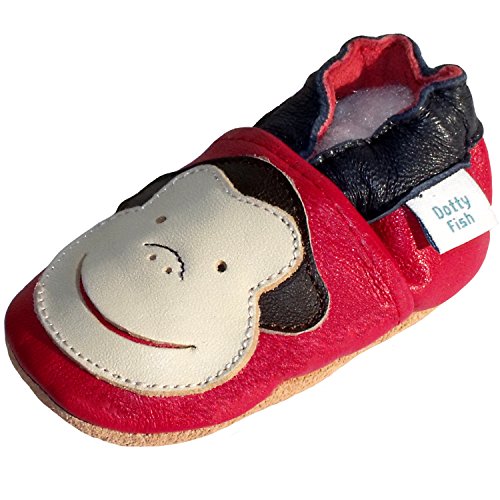 Soft Leather Baby boy Shoes with Suede Soles by Dotty Fish Red Monkey design - 12-18 months