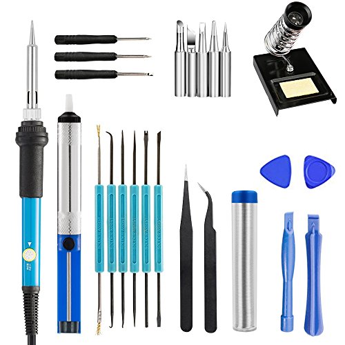 21in1 Lötkolben Set, Pushingbest 220V 60W Lötset Elektro Lötkolben Set Temperatureinstellbares Lötkolben-Set mit 6 Hilfswerkzeugen 5 Lötspitzen 2 Pinzetten 1 Störungspumpe 1 Blechschlauch 1 Schweißen Eisenklammer Lötkolben-Werkzeugkit mit PU-Beutel und Telefon Reparatur-Werkzeug - 2