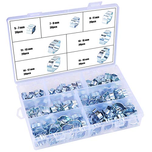 Wimas 140PCS 7-20mm Réglable Double Oreille Pinces À Tuyaux Tube Attaches, Inoxydable Tuyaux Clips O Clips Assortiment Kit