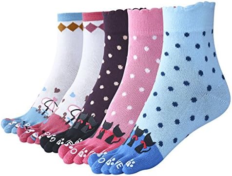 Sweet Nana Women Cute Printed Fun Colorful Design Five Toes Finger Socks Cotton Crew 5 Pack