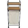 YATAI Rolling Cart, Multifunctional 2-Tier Bamboo Shelves Storage Rack with Laundry Bag, Serving Cart Trolley with Handle & Wheels, Space-Saving Design Mobile Utility for Kitchen, Bathroom & Groceries