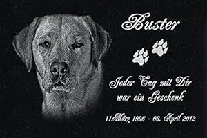 LaserArt24 Granit Grabstein - Grabplatte - Grabschmuck mit der Lasergravur des Motives Hund-ag39 (mit dem Musterbild oder Ihrem eigenen Foto - Siehe Auswahl) und Ihrem Foto/Text und Daten