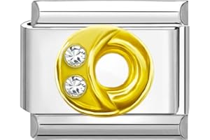 Quiges - Modulo Charm Link in stile italiano da 9 mm in acciaio inox Lettera O dell'alfabeto in oro zirconio per bracciali in stile Italian Links