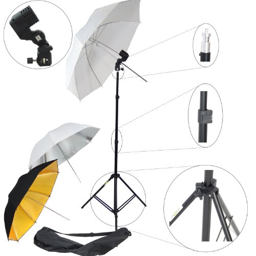 El Mejor Precio DynaSun W969S - Kit de Estudio Profesional (Caballete,
portalámparas, Paraguas difusor Blanco, Paraguas Reflector Plateado y
Paraguas Reflector Dorado y Negro) Descuento