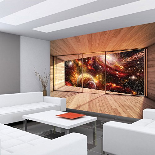Vlies Fototapete 312x219cm PREMIUM PLUS Wand Foto Tapete Wand Bild Vliestapete – Welt Tapete Raum Weltall Holzwände Holz Scheibe bunt – no. 1274 - 6