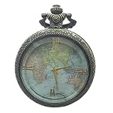 kelaina Einzigartiges Bronze Retro Transparent Welt Karte Muster Taschenuhr mit Armbanduhr Halskette