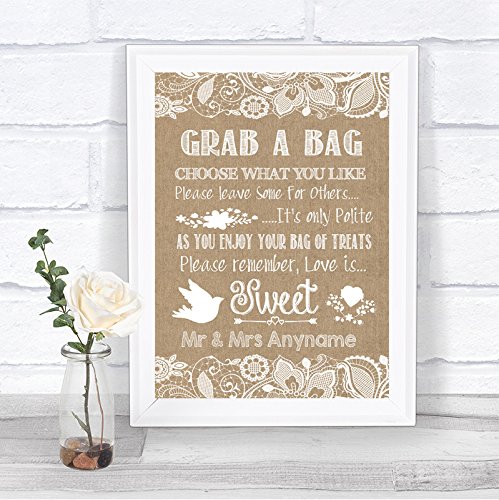 Burlap & Lace Effect Candy Buffet Cart Sweets Personalised Wedding Sign Print