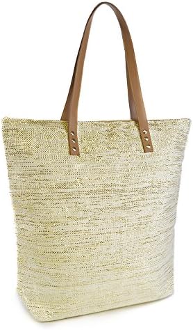 Ladies Large Metallic Bag Beach Shopping Tote Shoulder Handbag Holiday Reusable (Gold Stripe Effect)