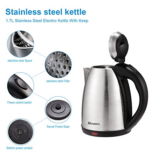 Homdox Wasserkocher Edelstahl Anti-Kalk 1.7L, mit Abschaltautomatik und Deckelverriegelung, 2200 Watt Maximal Elektrische Wasserkessel - 3
