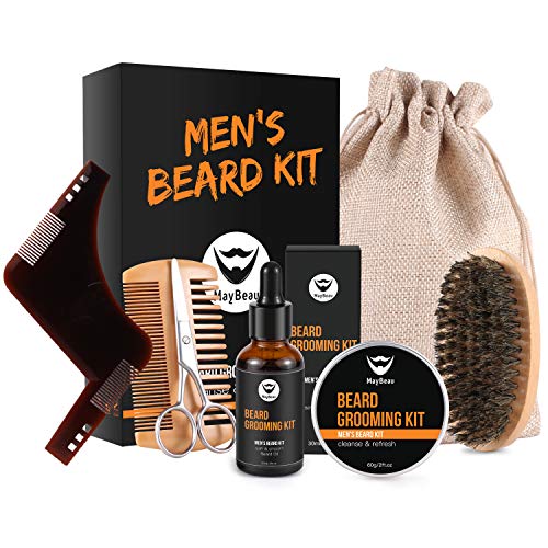 Kit Cuidado de Barba,MayBeau Bálsamo Barba,Barba Champú, Peine para Barba,Tijeras Barba Juego de regalo perfecto para hombres
