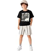 Erkek &Ccedil;ocuk Takım Dino Pamuk T-Shirt Ve &Ccedil;izgili Keten G&ouml;r&uuml;n&uuml;ml&uuml; Yazlık Şort