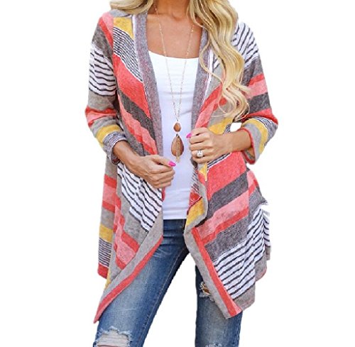 FEITONG Mujeres irregular de la raya Mantón kimono Cardigan Tops cubre para arriba la blusa (L, Rojo)