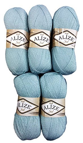 5 x 100 g Alize Glitzerwolle grau blau Nr. 114 zum Stricken und Häkeln, 500 Gramm Metallic – Wolle