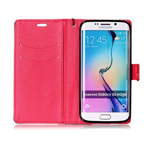 Galaxy S6 Edge Hülle,Samsung S6 Edge Leder Case,Sunroyal PU Leder Brieftasche Schutzhülle Tasche Handyhülle Schutz Hüllen im Bookstyle Ledertasche mit Stand Funktion Kartenfächer Magnetverschluss Magnet Etui Schale Schutzhüllen,Retro Schwarz Rot Muster Entwurf Flip Klapp Cover Tasche mit Strap Kartensteckplatz Hinterschale Kartenschlitz mit Silikon Kratzfest für Samsung Galaxy S6 Edge + HD Super Klare Displayschutzfolie - 4