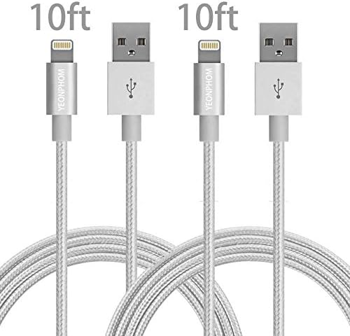 iPhone charger, YEONPHOM 2Pack 10FT/3M Lightning Cable Nylon Braided 8Pin USB Charging Extra Long Cable Cord for Apple iphone 7/7 Plus/6s/6s plus/6plus/6/5s/5c/5/SE, iPad Mini/Pro/Air/iPod(Silver)