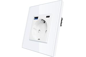 CNBINGO Gniazdko Schuko z portem USB A i typu C, pojedyncze gniazdko ścienne, podtynkowe, szklane gniazdko 16 A, białe