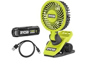 RYOBI Ventilateur 4V USB Lithium - diamètre 9 cm -2 vitesses 120/90 tr/min - tête orientable haut/bas & droite/gauche - Câble USB-C - 1 batterie 4V 2,0 Ah USB Lithium - RCF-120G