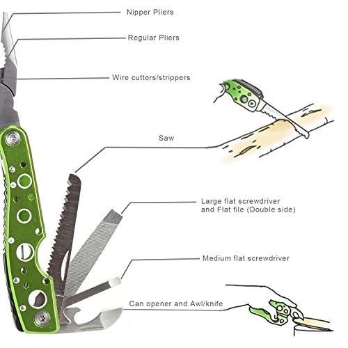 Coocheer Outdoor 9 in 1 Premium Taschen-Multiwerkzeug Zangen Sets Multitool faltbare Kombinationen mit Säge Flaschenöffner Schraubenzieher Messer& mehr (Grün) - 5