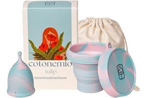 Cotonemio Tulip Juego de copas menstruales con esterilizador (3 unidades) 100% silicona médica sostenible, sin BPA, sin plástico, hasta 12 horas (copa menstrual, esterilizador bolsa de algodón) (XS)