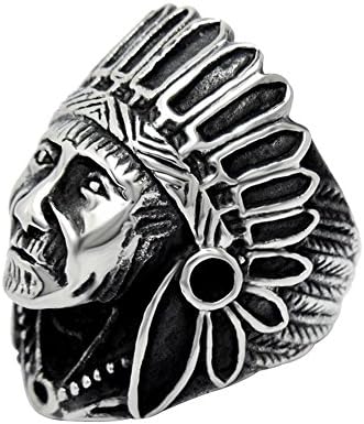 Cool Vintage Punk Biker Feather Dayak Indian Leader Skull Stainless Steel Mens Boys Ring