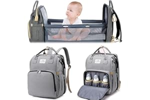 GEHANICO Sac à Dos à Langer avec Lit Plié Grand Sac à Dos à Langer avec Matelas à Langer et Sac Isolant Moustiquaire et Port de Chargement USB cadeaux pour maman (1 pièce)