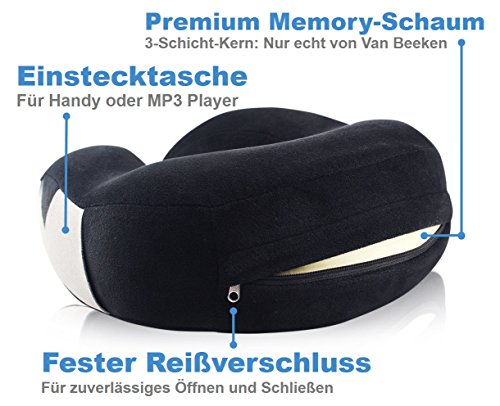 Reise-Nackenkissen Nackenhörnchen – aus weichem, bequemen Memory-Schaum-Stoff – flauschiges Nackenstützkissen zum Reisen mit GRATIS Schlafbrille, Ohrenstöpsel und Tragetasche | VAN BEEKEN Reisekissen - 3