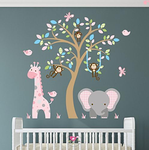 Jungle Wall Stickers featuring Giraffe, Elephant and Monkeys around a Brown Tree Mural. Baby Girls Safari Nursery Wall Decals