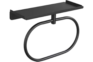 Celbon Anneau porte-serviette de salle de bain en acier inoxydable 2 en 1 avec étagère 2 en 1 pour salle de bain et cuisine, sans perçage/installation de vis (noir)