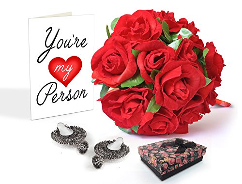 TIED RIBBONS Karwa chauth Gifts Artificial Red Roses with Earrings and Greeting Card | Karwachauth Special Gifts for Wife | Karwachauth Special Gifts for Wife | Gifts for Women on Karwachauth