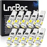 ☢ Bombillas LED T10 (10 Pack), cada bombilla tiene 5 altos brillos 5050 chipsest alrededor de ángulo de iluminación de 360 grados sin punto ciego. Voltaje: 12V, Temperatura de color: 6000K Blanca, Potencia: 2W / PC, Lumen: 100LM / PC.