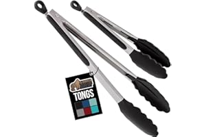 Gorilla Grip Stainless Steel Heat Resistant Kitchen Tongs for Cooking, 9 + 12 Inch, Set of 2 BBQ Tong, Non Scratch Silicone Tip for Pan, Strong Grip, Grab Food, Toss Salad, Air Fryer, Pull Lock, Black