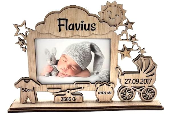 Cadre photo en bois personnalisable avec texte pour bébé, nouveau né, cadeau de naissance Modèle 2